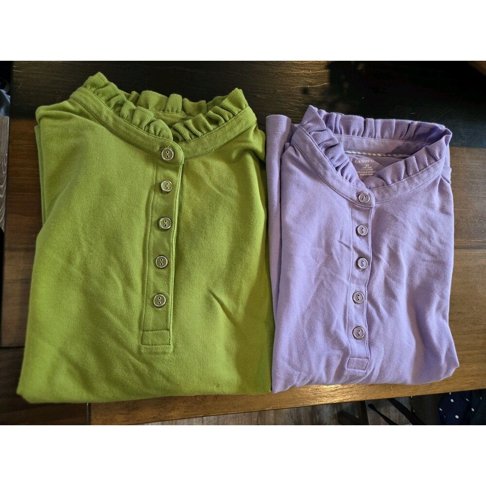S/2 Lands' End women's short-sleeve ruffle polo shirts Lilac & Chartreuse 2X